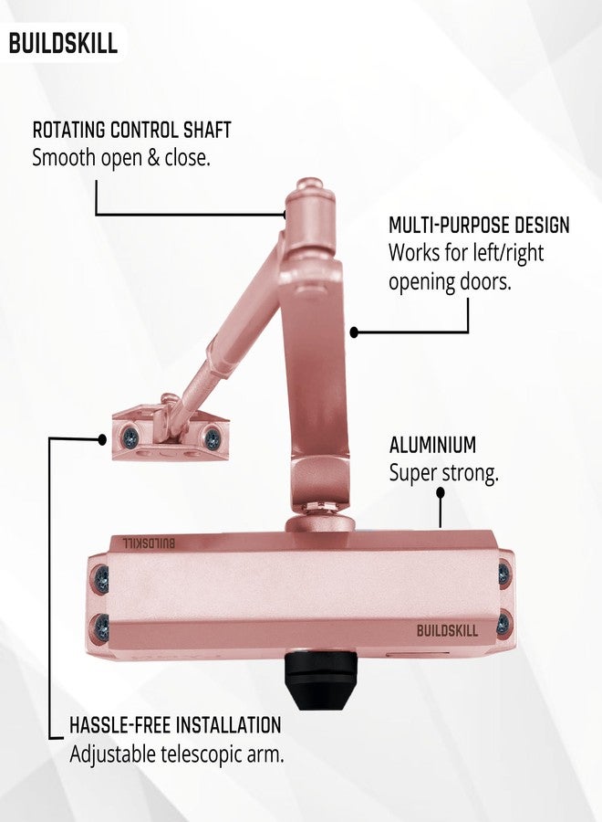 BUILDSKILL جهاز إغلاق الأبواب الهيدروليكي من Buildskill بذراع مقصية، جهاز إغلاق أبواب للأبواب الخشبية والألومنيوم والمعدنية، جهاز إغلاق أبواب أوتوماتيكي للمنزل، مانع انزلاق للأبواب بسرعة قابلة للتعديل، 65 كجم، ذهبي وردي (عبوة من قطعة واحدة) - Image 2